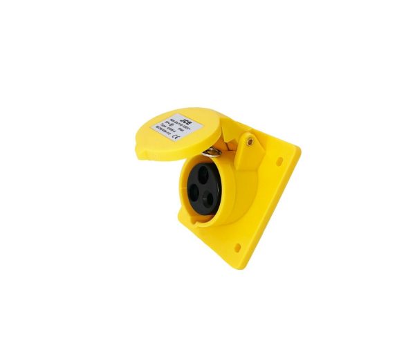 16A 3 Pin Yellow 110V Angled Panel Mounted Socket IP44