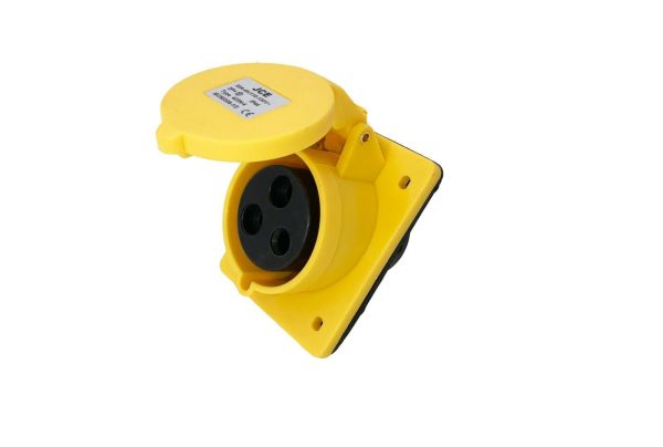 32A 3 Pin Yellow 110V Angled Panel Mounted Socket IP44