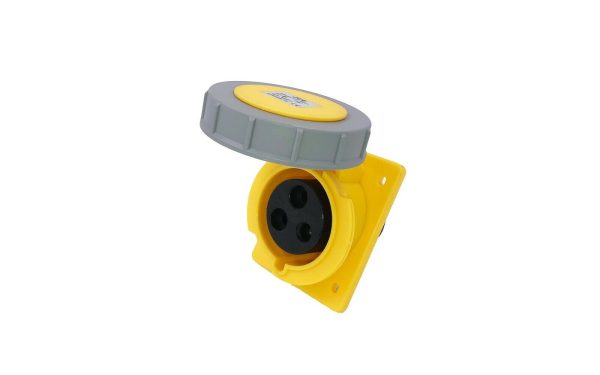 32A 3 Pin Yellow 110V Angled Panel Mounted Socket IP67