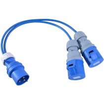 16A Plug to 2 x 16A Sockets. 1.5mm IP44 Arctic Blue Splitter