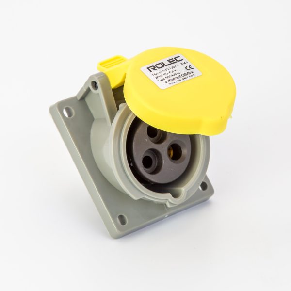 Rolec 16A 3 Pin Yellow 110V Angled Panel Mounted Plug IP44