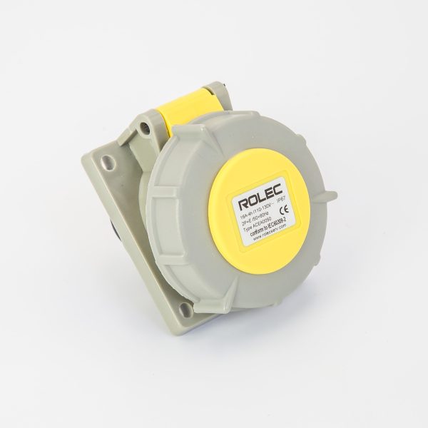 Rolec 16A 3 Pin Yellow 110V Angled Panel Mounted Plug IP67 - Image 2