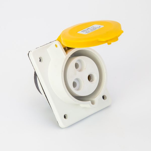 Rolec 32A 3 Pin Yellow 110V Angled Panel Mounted Plug IP44